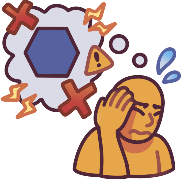 a person turning away and hiding their face from a thought bubble with a blue hexagon in it. The thought bubble has red X’s, yellow lightning bolts, and a yellow caution triangle around it. The person also has two sweat marks near them